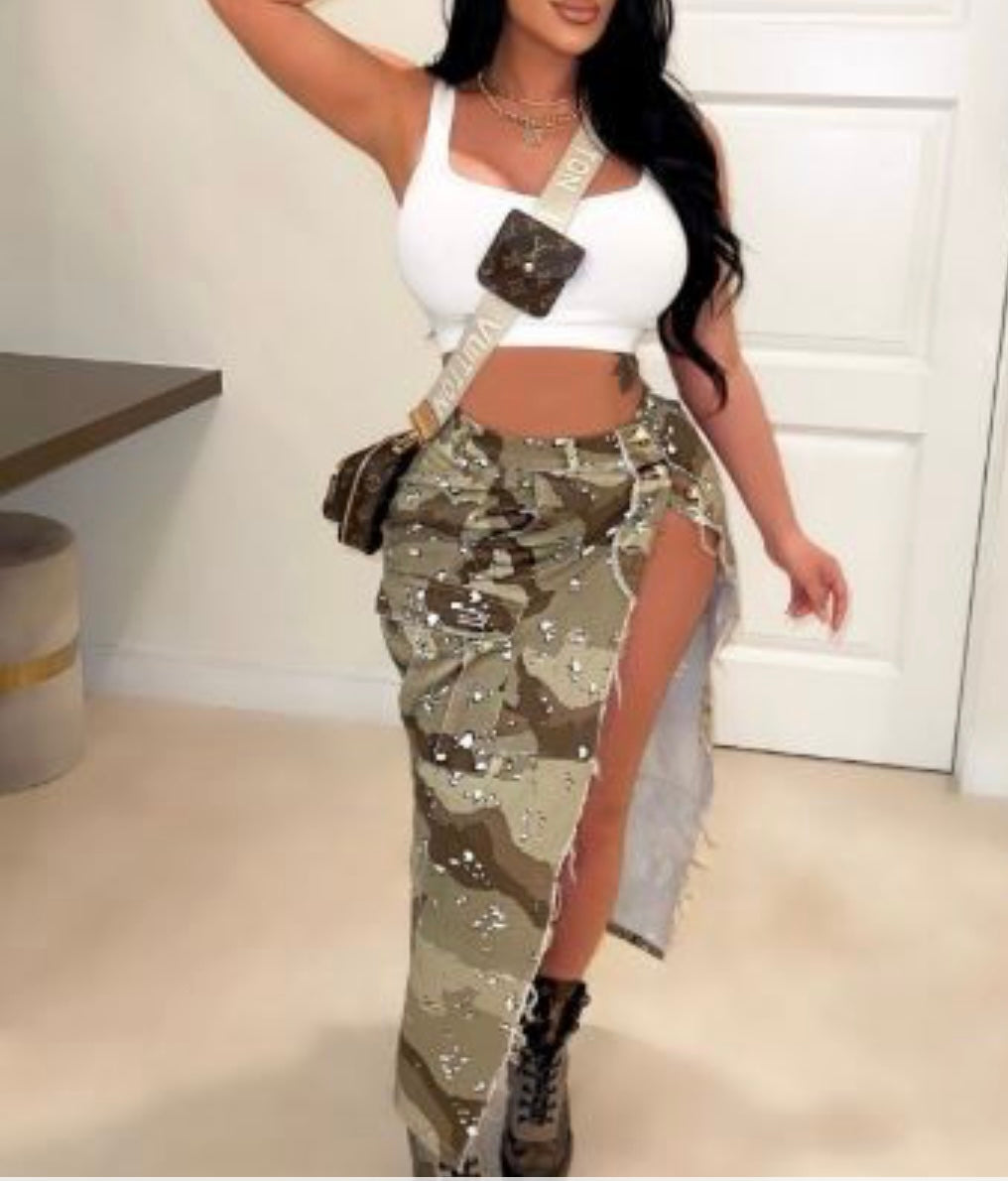 Camo Split Maxi Skirt