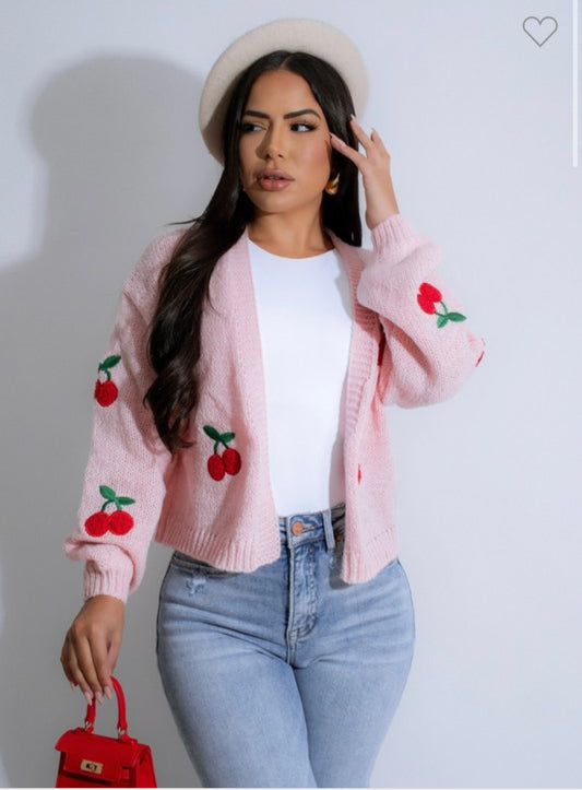 Cherry Embroidery Oversized Cardigan