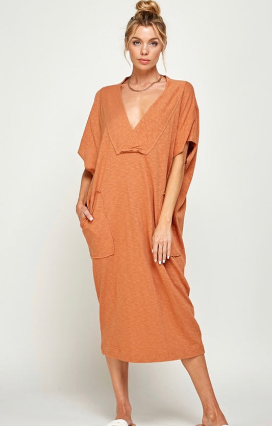 V-Neck Short Sleeve Midi Dress